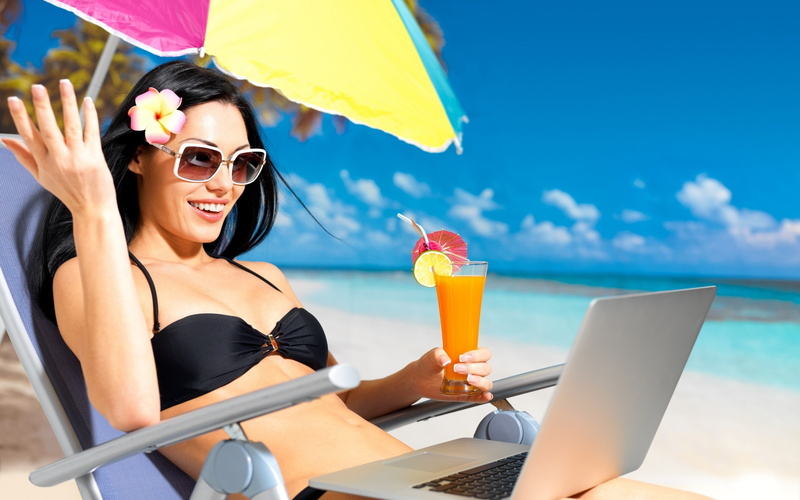 morena, 2K, vacaciones, helado, mujer, playa, ordenador