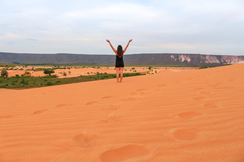 dunes, sand, one person, non-urban scene, outdoors, full length, limb, standing, real people, vacation, open arms, natureza, land, brazil, women, sky, freedom