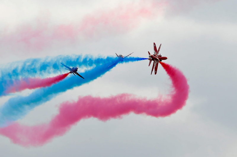 jet, teamwork, arrangement, smoke, mode of transportation, on the move, vapor trail, blue, air vehicle, smoke - physical structure, nature, no people, planes