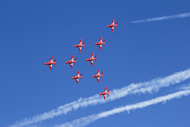 aerobatic, sky, raf, vapor trail, flying, show, military airplane, no people, august, mode of transportation, aviation, low angle view, planes, newcastle