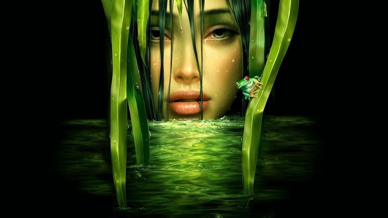 Verde, black background, 1080P, Mujer, one person, teenager, women, beauty, portrait, beautiful woman, plant, Ranita, digital composite, studio shot, green color