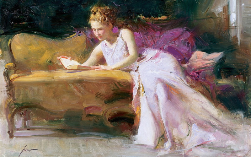 girl, 1080P, Dangelico, painted, mood, women, oil painting, multi colored, looking, beautiful woman, Pino, indoors, adult, Book, art and craft, paintings