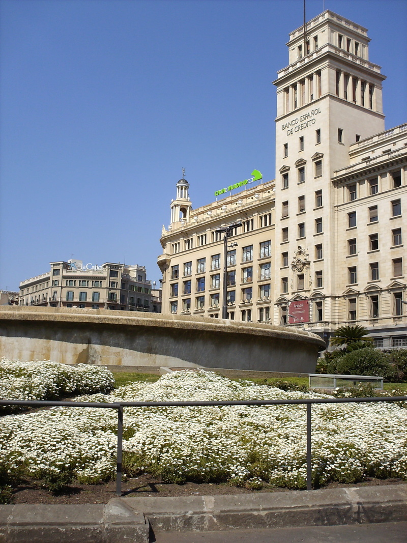 tourism, tower, building, banco español de credito, nature, city, spain, low angle view, building exterior, barcelona, sky, europe, the past, clear sky