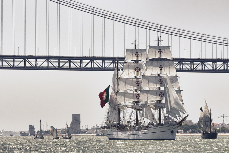 Portugal, bark, Tagus River, bridge, river, sailboat, the Tagus river, NRP Sagres III, Sagres, Lisbon, 1080P