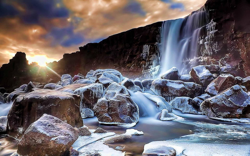 lake, 3d and abstract, cold, 1080P, waterfall, mountain, winter, frozen, beauty