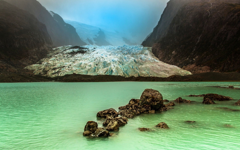 sea, mountains, rock - object, 1080P, green, Chile, solid, no people, mist, water, lake, rock formation, tranquility, scenics - nature, cold, day, beauty in nature