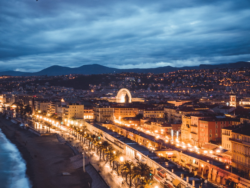 outdoors, road, illuminated, nature, high angle view, architecture, aerial view, water, city, crowd, nice, dusk, downtown, residential district, cloud - sky