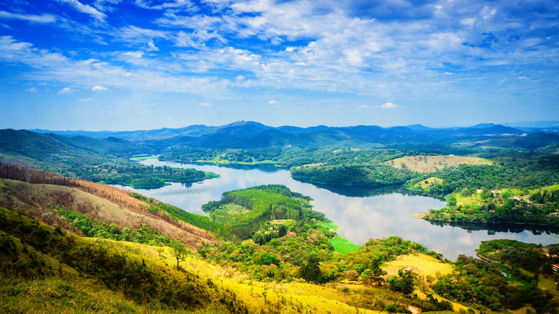 no people, plant, tietê, blue, tranquil scene, river, foliage, cloud, environment, water, green color, rural Scene, hill, rio, brazil, lake, land, eye