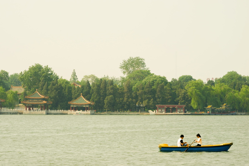 rowboat, waterfront, leisure activity, paddle, water, lake, two people, adventure, outdoors, banana boat, clear sky, tree, lifestyles, nautical vessel