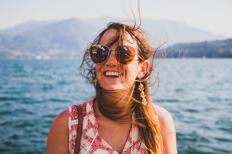 one person, lake como, sunglasses, happiness, red, headshot, lago di como, nature, glasses, fashion, selective, lake, body, female, looking at camera, bokeh