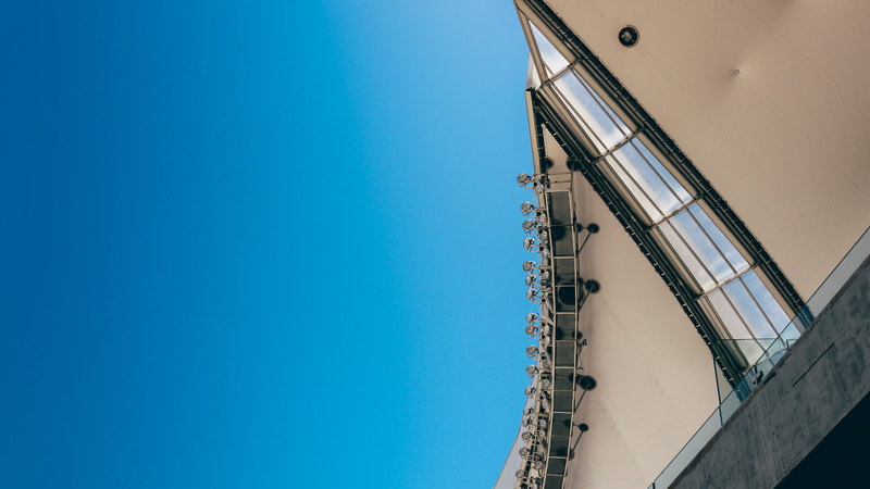dunas, soccer, blue, stadium, sky, sea, water, railing, low angle view, arena das dunas, copy space, cruise ship, clear sky, building, no people, building exterior