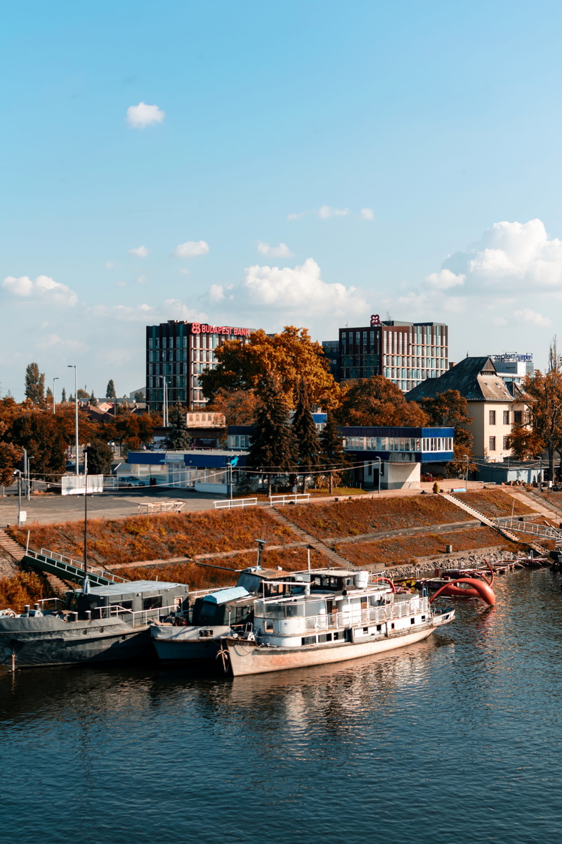 architecture, marina, building exterior, moored, boats, boat, water, winter, river, residential district, 5K, sky, budapest, near, port, transportation