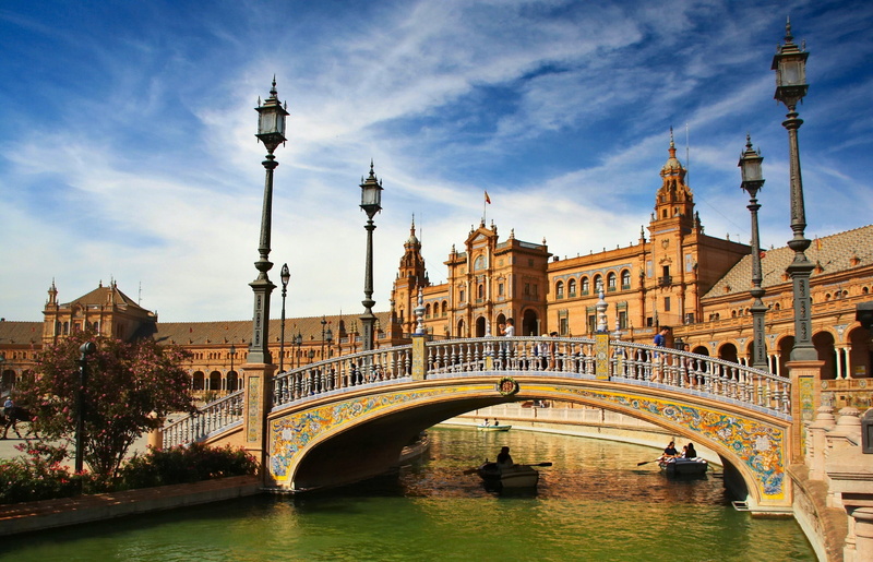 lights, Spain, boats, Andalusia, river, Plaza de Espana, bridge, 1080P, Espana, Seville