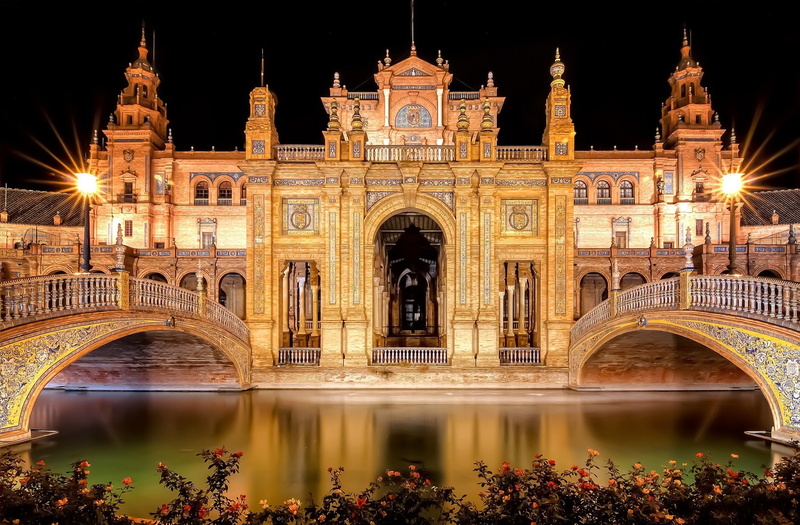 night, water, sky, arch, facade, incidental people, history, building, nature, building exterior, 1080P, built structure, plaza de espana, illuminated