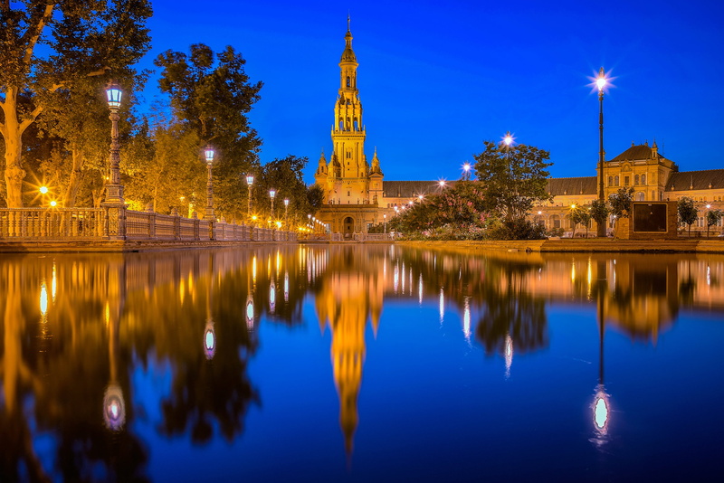 Seville, Spain, reflection, 2K, Espana, tower, lights, night city, river, Andalusia, Plaza of Spain