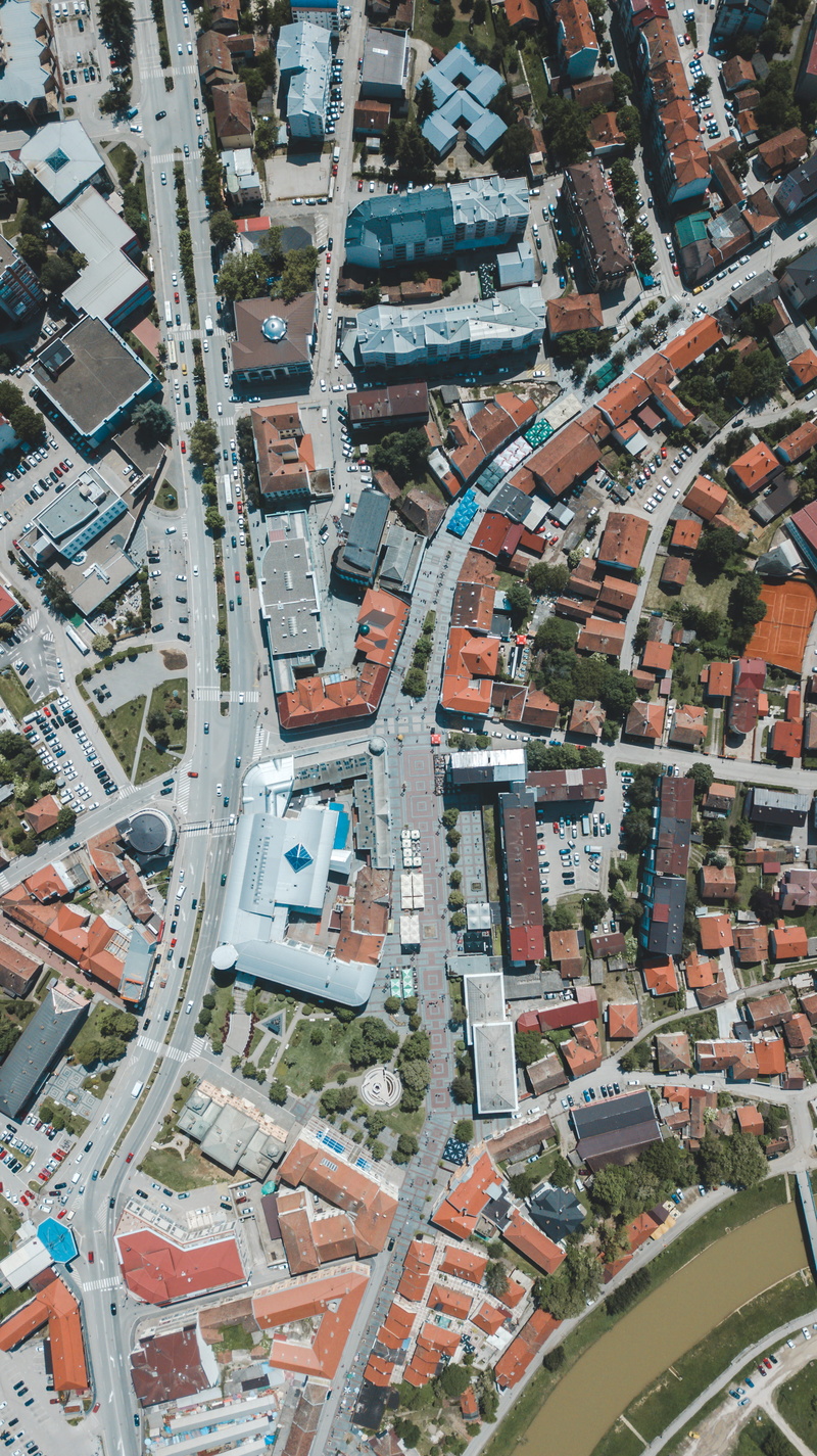 architecture, intersection, brčko, bosnia and herzegovina, street, day, road, multiple lane highway, transportation, metropolis, dji mavic, built structure