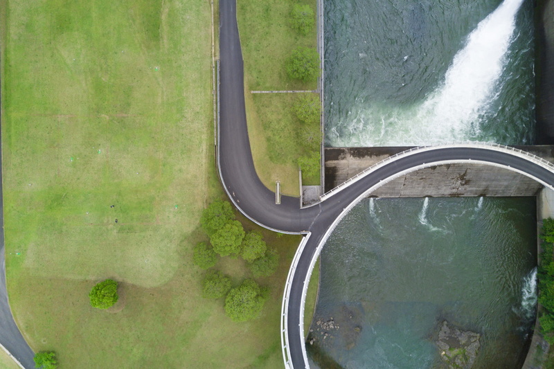 japan, canal dam, aerial, architecture, 1080P, transportation, green, built structure, environment, railing, canal, daytime, bridge, near, swimming pool