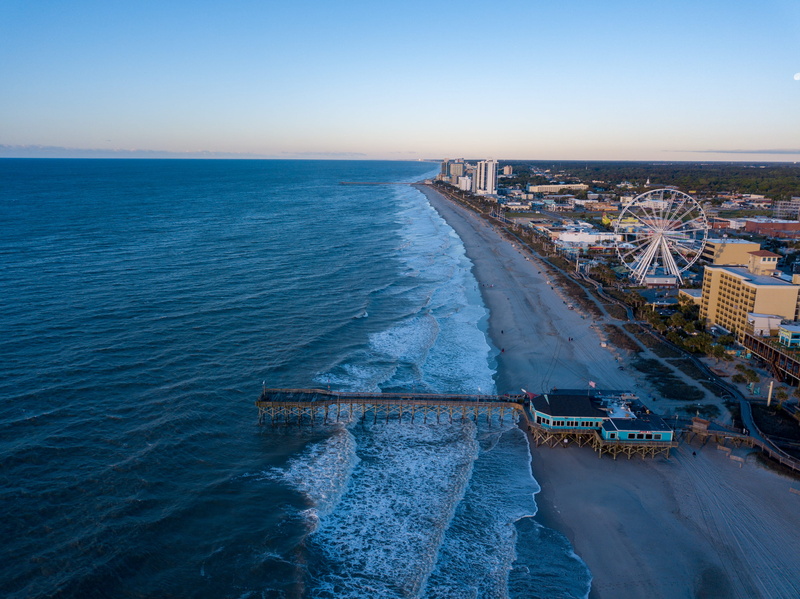 nature, landscape, outdoors, land, aerial view, myrtle beach, usa, ferris wheel, pier, mavic pro, water, sea, city, built structure, drone, pier 14, day