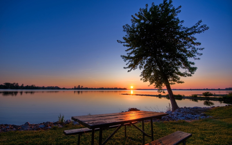 tranquil Scene, wood - Material, plant, water, color Image, decline, vacations, blue, scenics, dusk, 2K, summer, picnic, waters Edge, outdoors, evening