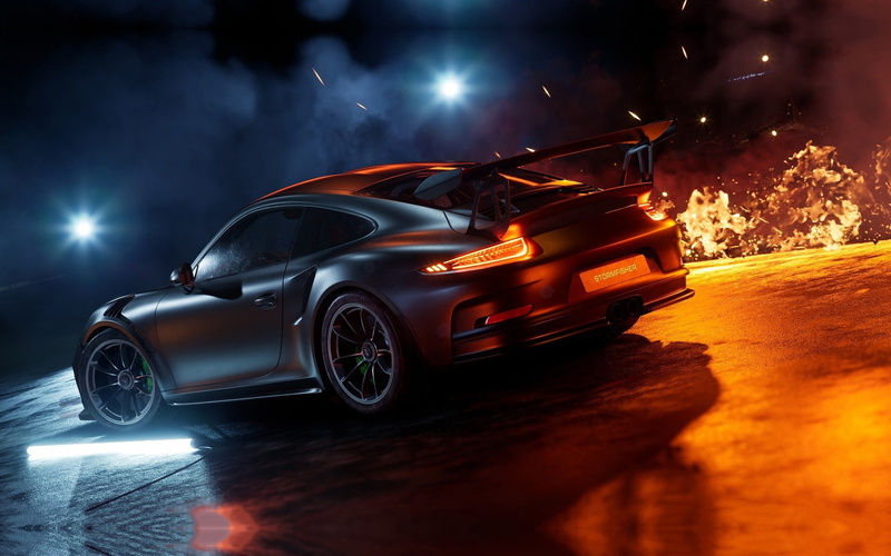 illuminated, rear, tire, car, wealth, racecar, land vehicle, motion, outdoors, wheel, sports car, smoke - physical structure, porsche, speed, night, motor vehicle