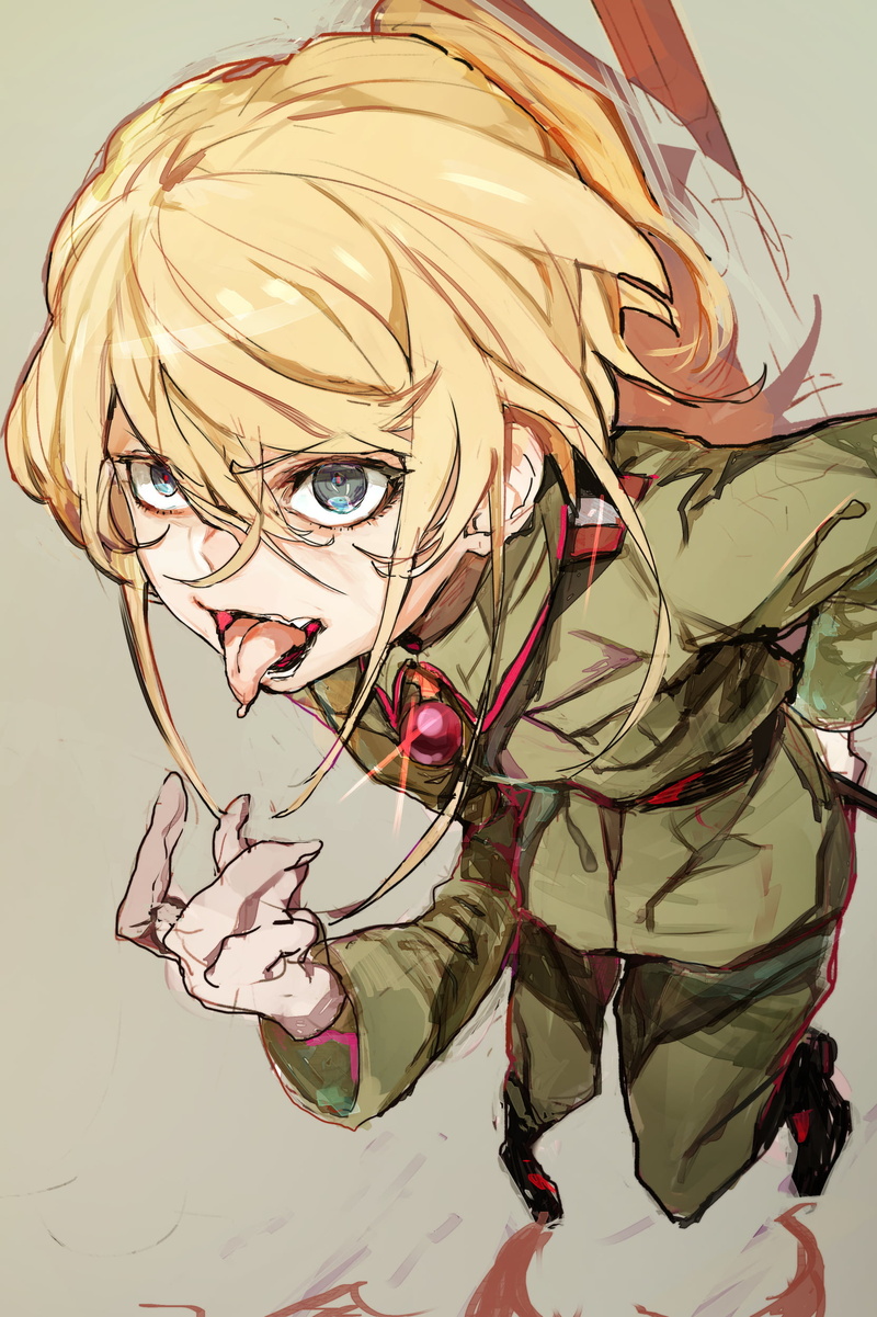 blue eyes, fan art, ponytail, long hair, blond hair, tongue out, 1080P, loli, digital art, Youjo Senki, simple background, Tanya Degurechaff, anime girls