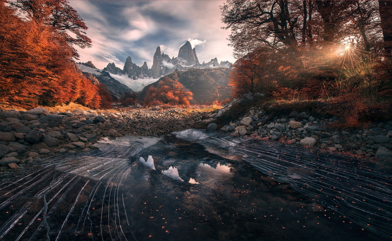 pond, reflection, trees, Patagonia, landscape, Argentina, nature, fall, photography, sunlight, snow, sunrise, shrubs, clouds, 1080P, morning, mountains