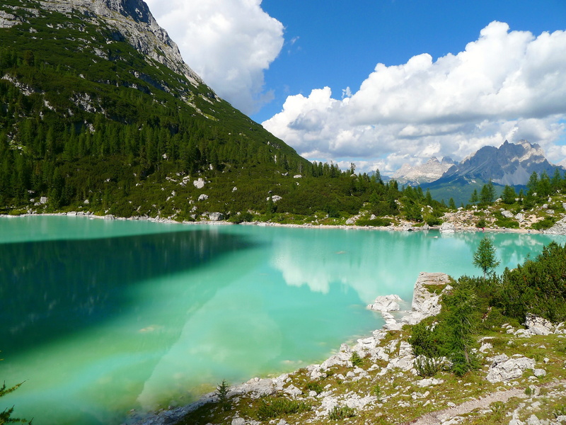 water, tranquility, pine woodland, 2K, scenics - nature, turquoise colored, turquoise blue, mountain, outdoors, tranquil scene, rest, snowcapped mountain