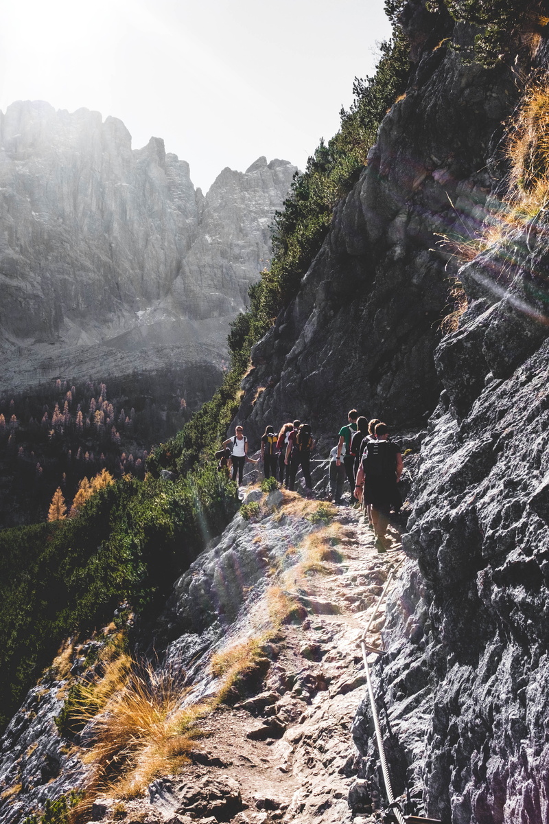 rock formation, water, non-urban scene, grey, group, rock - object, flowing water, trail, walking, italy, motion, group of people, sorapi, hills, 4K, outdoors
