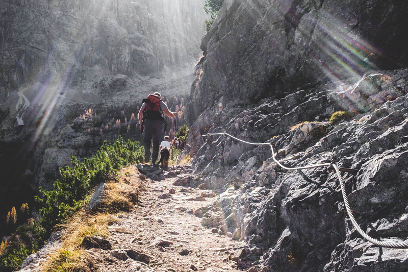 sun ray, climbing, solid, rope, hiking, group, outdoors, two, side, rock, beauty in nature, 4K, man, nature, rear view, travel, lifestyles, scenics - nature