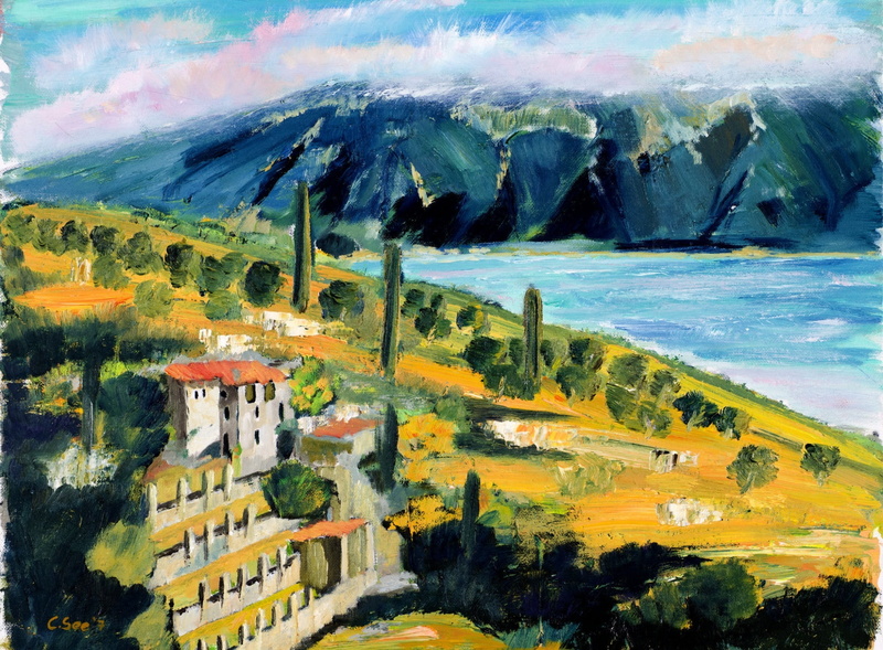 building, day, landscape, architecture, water, nature, Artistic, lago, lake, environment, no people, garda, mountain, tranquil scene, 1080P, di, oilpainting