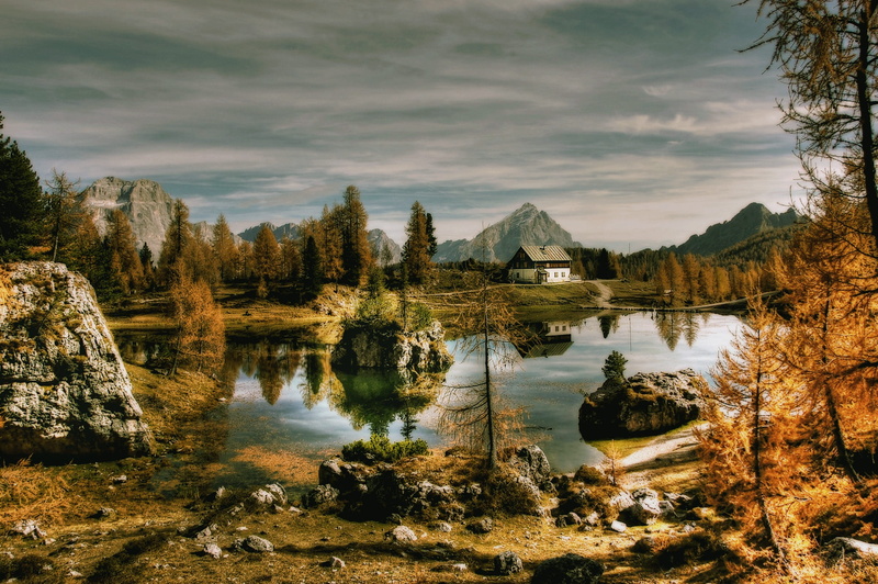 reflection, landscape, lago federa, non-urban scene, belluno, clouds, beauty in nature, plant, tranquility, mood, mountain landscape, alpine, rest, tranquil scene