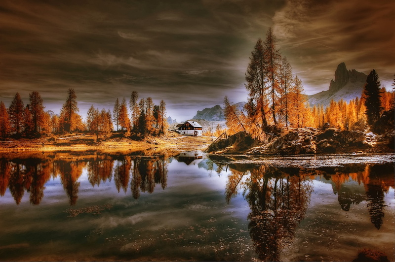 lago federa, near, alpine, hiking, clouds, scenics - nature, orange color, tree, reflection lake, idyllic, summer, lake, 2K, high mountains, alpine panorama