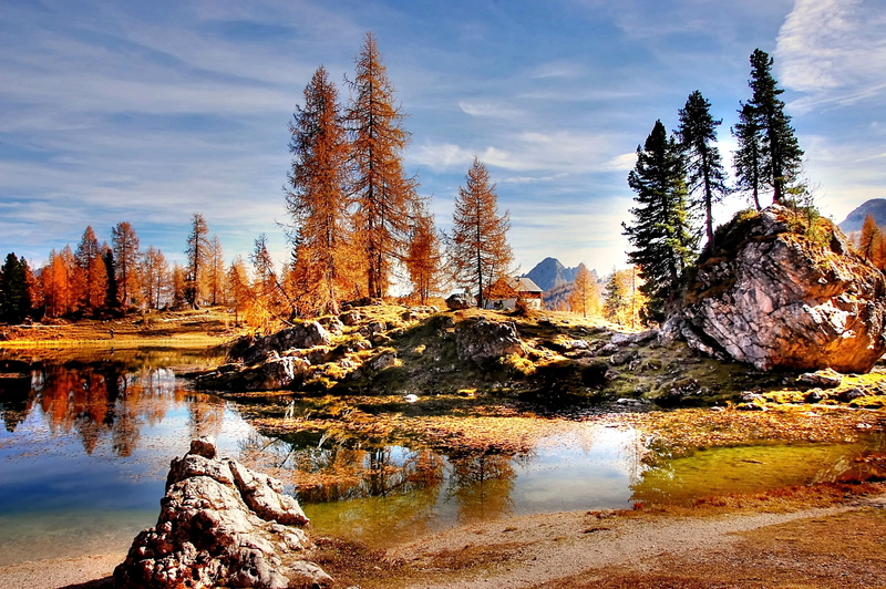 view, boulder, dolomites, near, hiking, scenics - nature, alpine panorama, photography, tall, panorama, change, reflection, tree, nature, mountain landscape