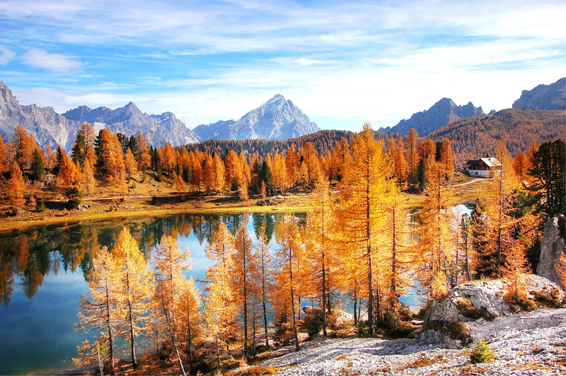sky, landscape, brown, 2K, alpine, alpine panorama, clouds, belluno, mountain landscape, plant, mountain range, lago federa, beauty in nature, idyllic