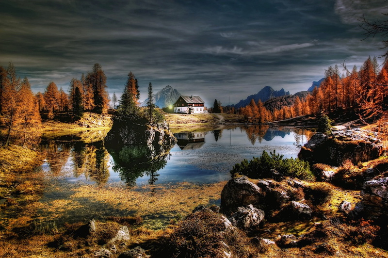sky, reflection, tranquil scene, tranquility, italy, lago federa, lake, dolomites, unesco world heritage, alpine panorama, cloud - sky, rock, outdoors