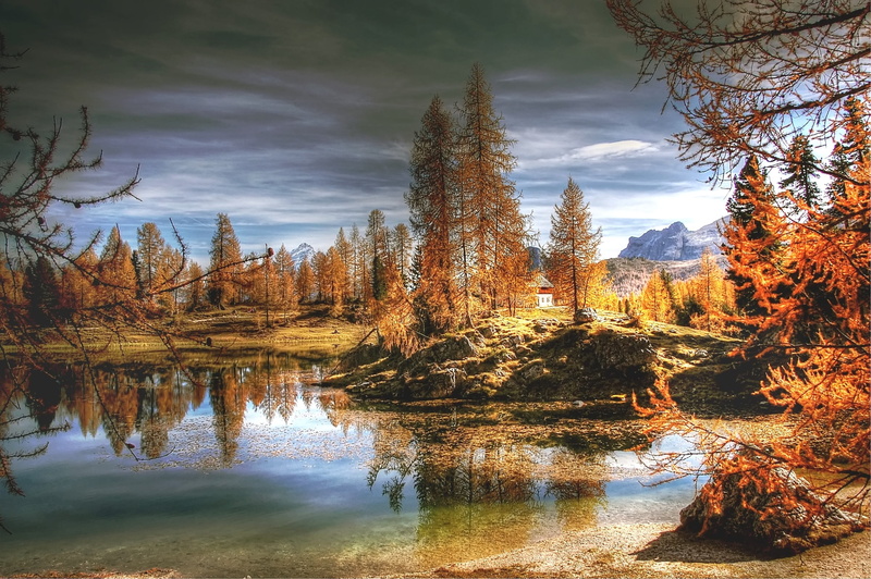 growth, nature, lago federa, clouds, tree, mountain landscape, reflection, autumn, rock, outdoors, water, panorama, italy, view, no people, scenics - nature