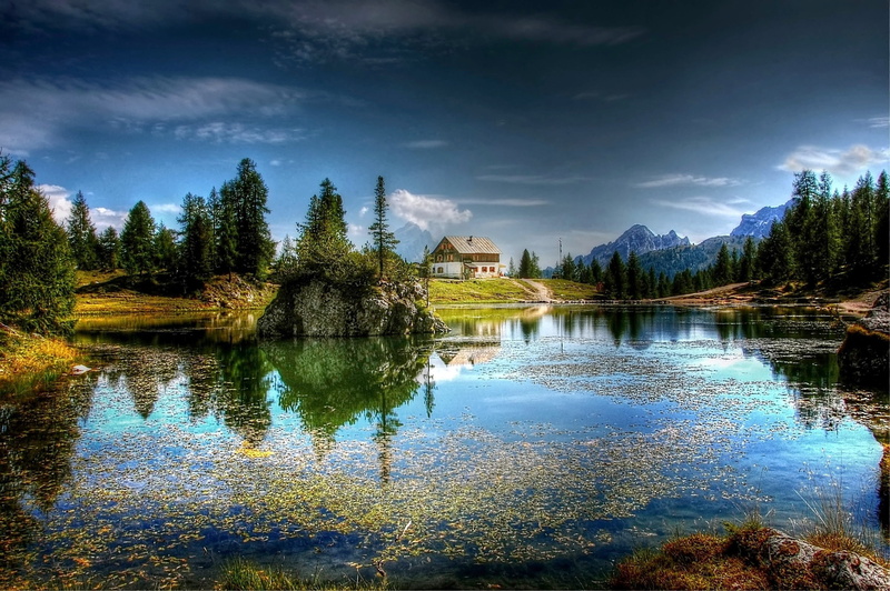 mountain, plant, scenics, italy, scenery, alpine, view, architecture, mountain landscape, lago federa, water, beauty in nature, tranquility, blue, forest