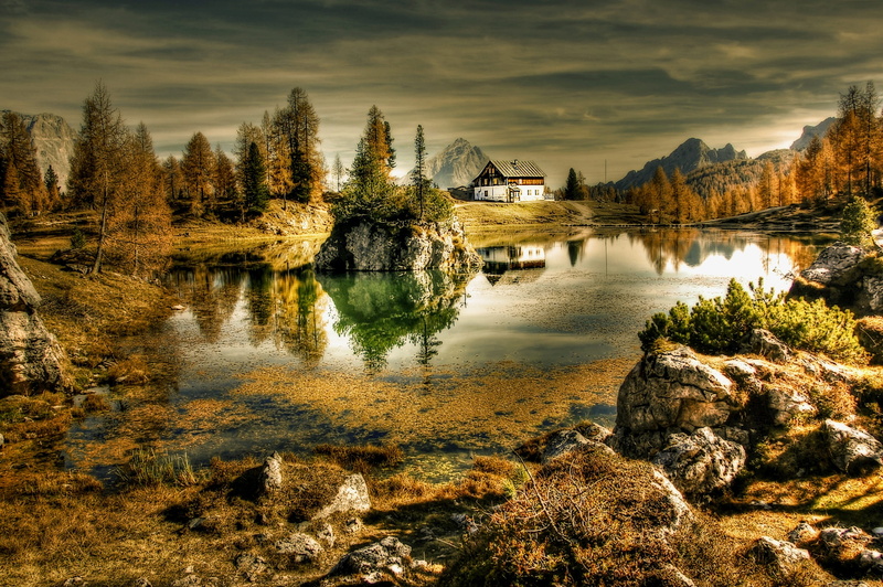 water, built structure, cloud - sky, sunset, scenics - nature, non-urban scene, 2K, silent, bergsee, tranquility, mood, landscape, nature, autumn, plant