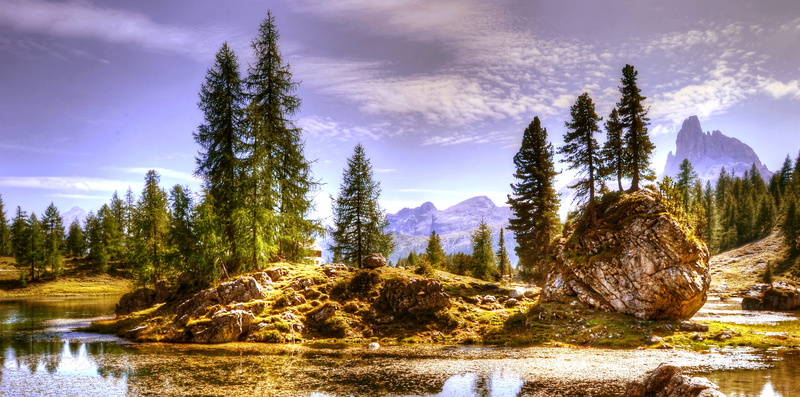 reflection, summer, forest, plant, cloud - sky, italy, land, hiking, view, landscape, 2K, dolomites, mountain landscape, clouds, rock, tree, alm, outdoors