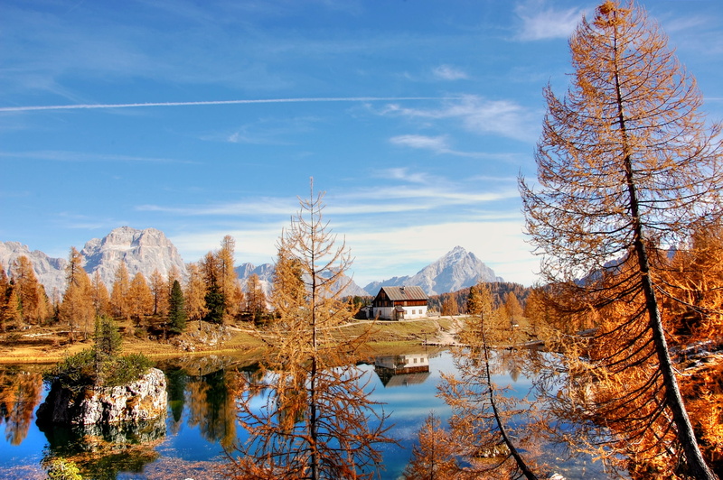 clouds, view, italy, water, tranquil scene, cloud - sky, alpine, dolomites, rock, tree, 2K, built structure, mountain landscape, rubble field, mountain pass