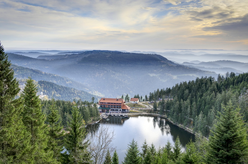 tree, cloud - sky, highlands, scenics - nature, outdoors, idyllic, architecture, landscape, sky, high angle view, trees, mummelsee, forest, mountain, nature