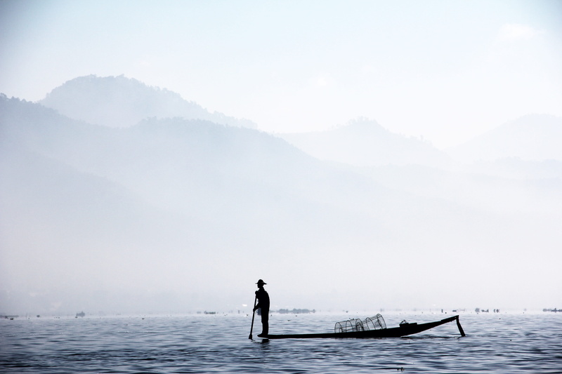 lifestyles, beauty in nature, outdoors, rowing, single leg fischer, tranquility, near, scenics - nature, transportation, myanmar, day, mountain range, bamboo basket