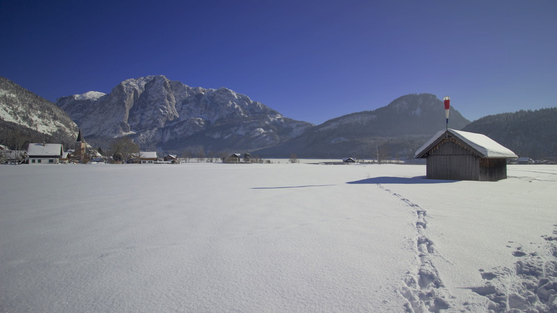 land, landscape, altaussee, hut, altausseersee, austria, sky, brine, snow, no people, built structure, frozen, lake, ice, outdoors, water, snowcapped mountain