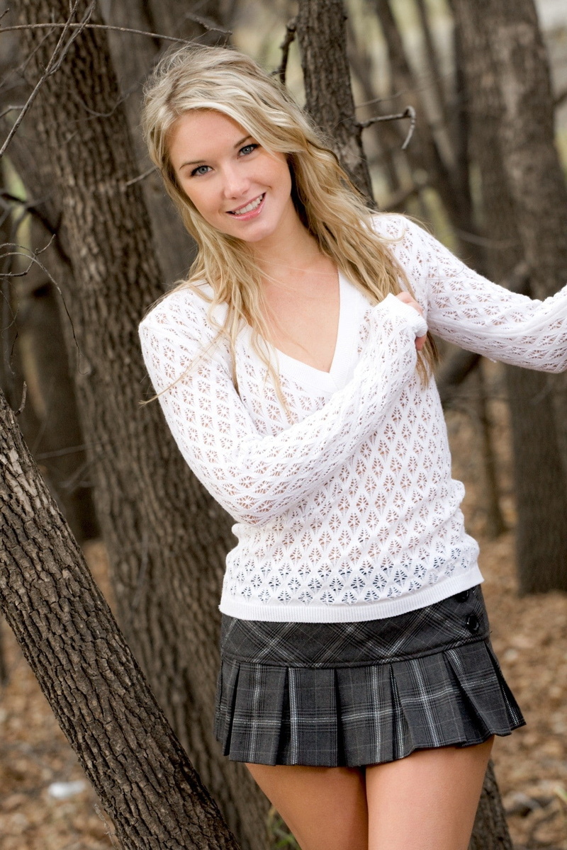 standing, blue, teen, miniskirt, jewel, long, forest, blondes, schoolgirls, nature, eyes, hair, 1080P, smiling, jumper, art, forests, hd, outdoors