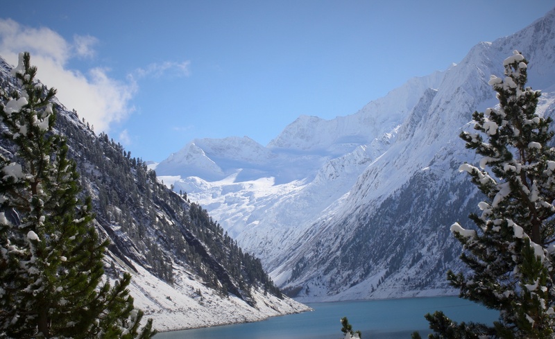reservoir, cold temperature, tranquil scene, beauty in nature, mountain range, idyllic, snowcapped mountain, schlegeis, mountain peak, scenics - nature