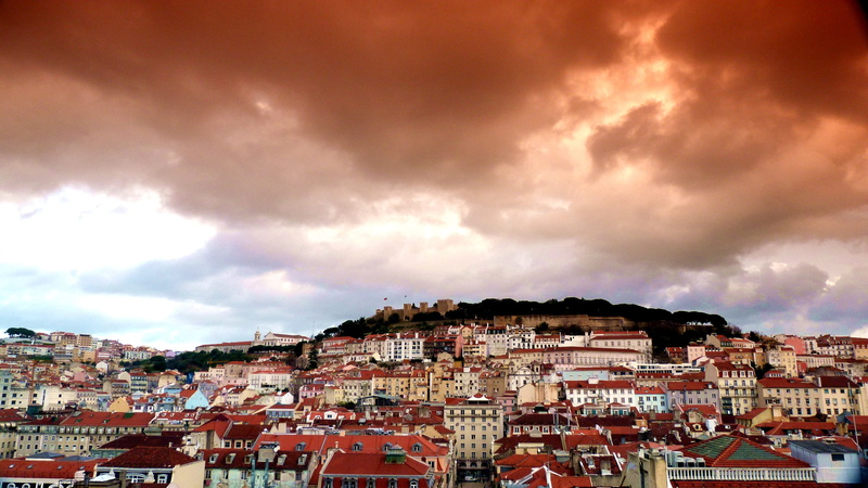townscape, lisbon, castelo sao jorge, nature, photo, cityscape, clouds, city, houses, aerial, outdoors, architecture, storm, building, building exterior