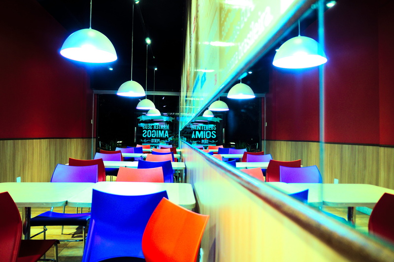 mirror, indoors, chair, light - natural phenomenon, light, 4K, seat, no people, in a row, electricity, lighting equipment, multi colored, restaurant, empty