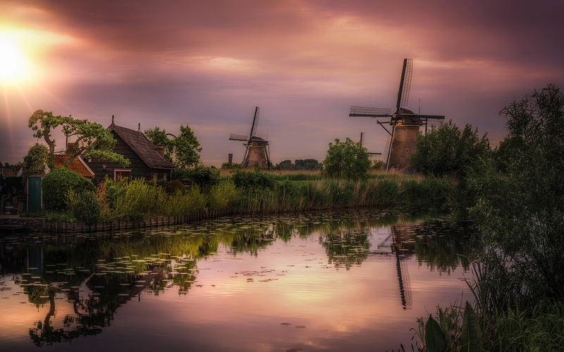 wind turbine, environmental conservation, turbine, water, built structure, sunset, cloud - sky, plant, kinderdijk, wind power, dusk, renewable energy, 4K