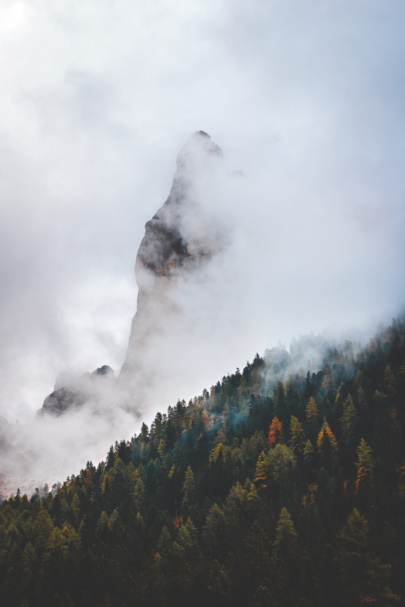 fog, nature, landscape, mountain Peak, 5K, sky, mountain Range, forest, clouds, cloud - Sky, wood, tree, south tyrol, cloudscape, italy, red, mountain