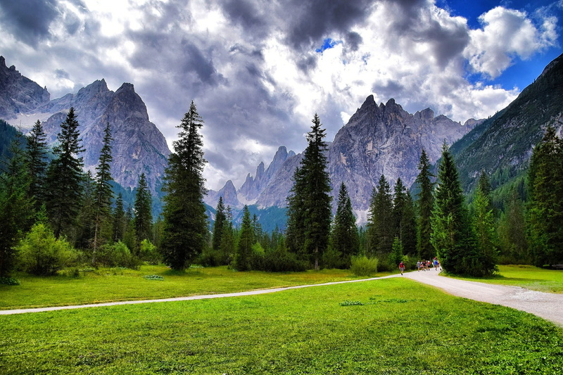 mountain range, tranquility, mountains, holiday, land, mountain peak, landscape, dolomites, forest, 1080P, green color, nature, pine woodland, südtirol